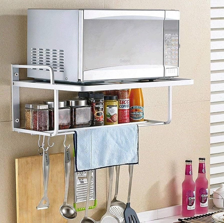 2-Layer Microwave Oven Wall Mount Kitchen Corner Shelf Storage Rack