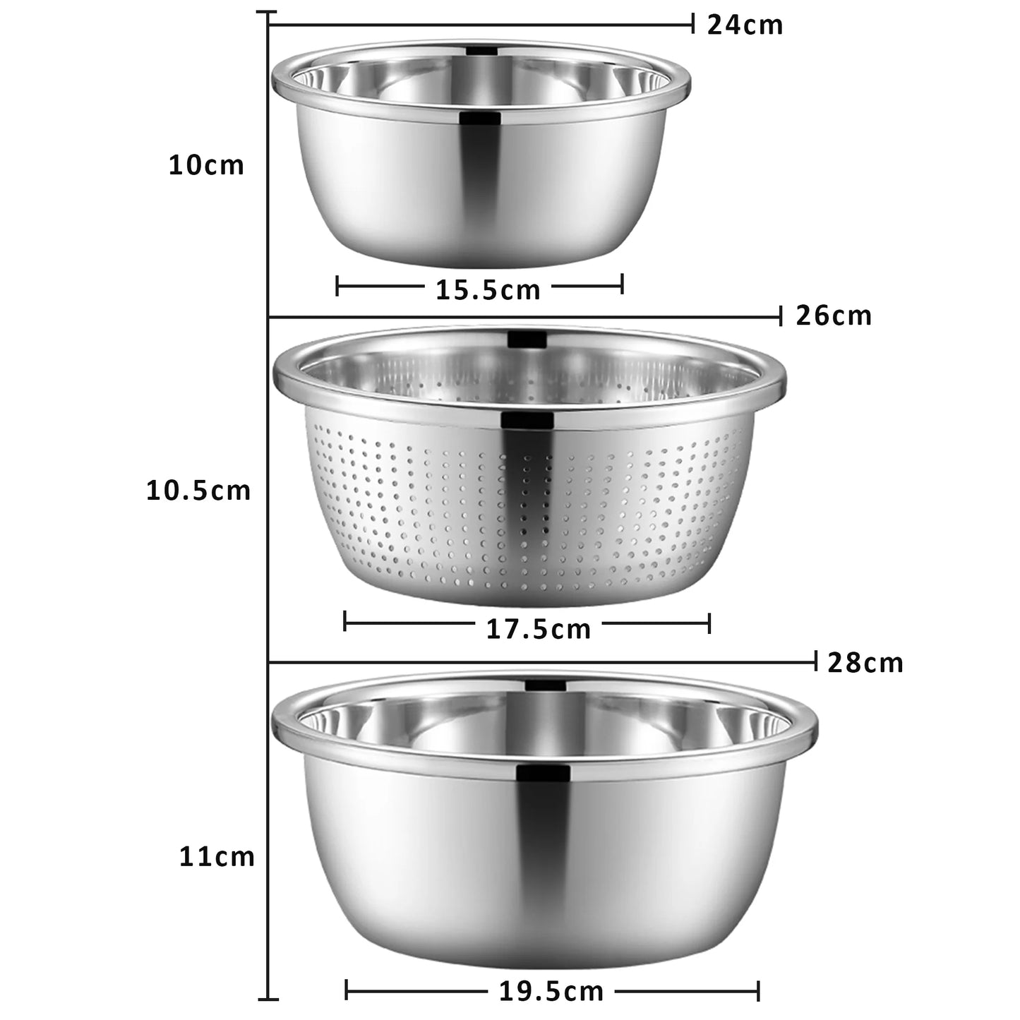 Strainer Colander Mixing Bowl Set - 3 piece Stainless Steel